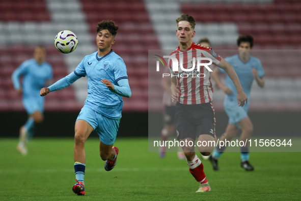 Athletic Club Bilbao's Javier Sola breaks away from Sunderland's Luke Bell during the Premier League International Cup Group B match between...