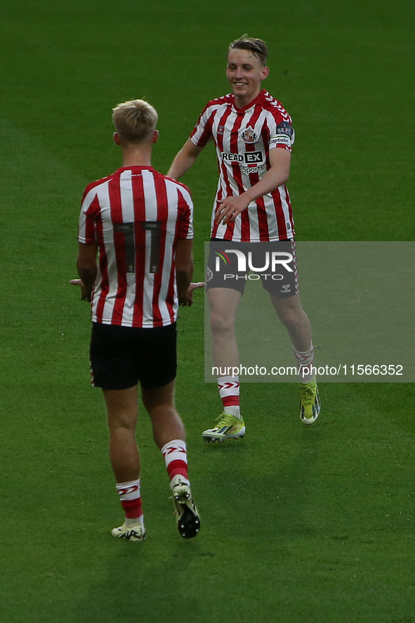 Sunderland's Harrison Jones celebrates with Sunderland's Tom Watson during the Premier League International Cup Group B match between Sunder...