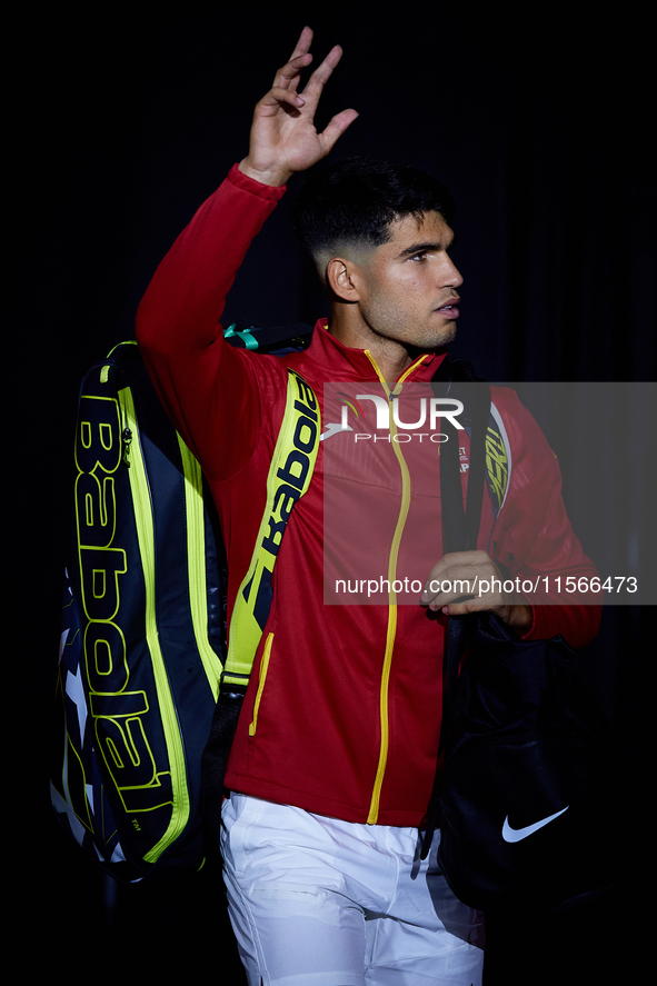 Carlos Alcaraz of Spain waves to the crowd prior to the game against Tomas Machac of Czechia during the 2024 Davis Cup Group B Stage match b...