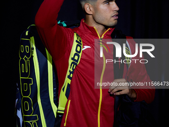 Carlos Alcaraz of Spain waves to the crowd prior to the game against Tomas Machac of Czechia during the 2024 Davis Cup Group B Stage match b...