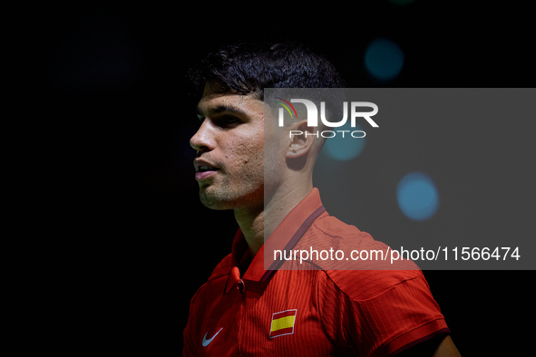 Carlos Alcaraz of Spain looks on during the game against Tomas Machac of Czechia during the 2024 Davis Cup Group B Stage match between Czech...