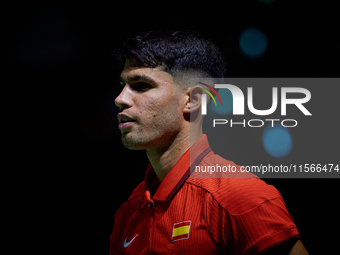 Carlos Alcaraz of Spain looks on during the game against Tomas Machac of Czechia during the 2024 Davis Cup Group B Stage match between Czech...