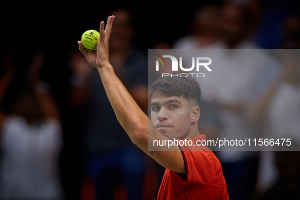 Carlos Alcaraz of Spain reacts during the game against Tomas Machac of Czechia during the 2024 Davis Cup Group B Stage match between Czechia...