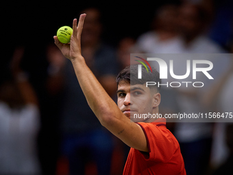 Carlos Alcaraz of Spain reacts during the game against Tomas Machac of Czechia during the 2024 Davis Cup Group B Stage match between Czechia...