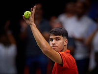 Carlos Alcaraz of Spain reacts during the game against Tomas Machac of Czechia during the 2024 Davis Cup Group B Stage match between Czechia...