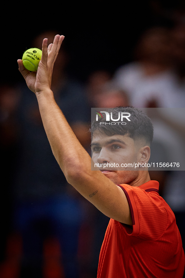 Carlos Alcaraz of Spain reacts during the game against Tomas Machac of Czechia during the 2024 Davis Cup Group B Stage match between Czechia...