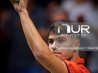 Carlos Alcaraz of Spain reacts during the game against Tomas Machac of Czechia during the 2024 Davis Cup Group B Stage match between Czechia...