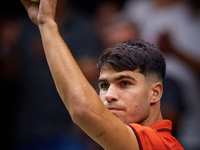 Carlos Alcaraz of Spain reacts during the game against Tomas Machac of Czechia during the 2024 Davis Cup Group B Stage match between Czechia...