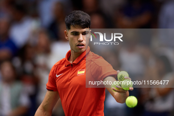 Carlos Alcaraz of Spain is in action during the game against Tomas Machac of Czechia during the 2024 Davis Cup Group B Stage match between C...