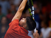 Carlos Alcaraz of Spain serves against Tomas Machac of Czechia during the 2024 Davis Cup Group B Stage match between Czechia and Spain at Pa...