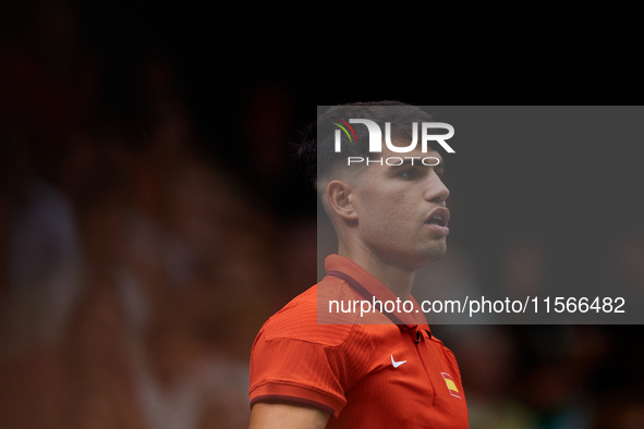 Carlos Alcaraz of Spain looks on during the game against Tomas Machac of Czechia during the 2024 Davis Cup Group B Stage match between Czech...