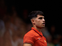 Carlos Alcaraz of Spain looks on during the game against Tomas Machac of Czechia during the 2024 Davis Cup Group B Stage match between Czech...