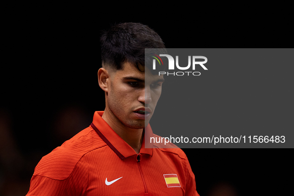 Carlos Alcaraz of Spain looks on during the game against Tomas Machac of Czechia during the 2024 Davis Cup Group B Stage match between Czech...