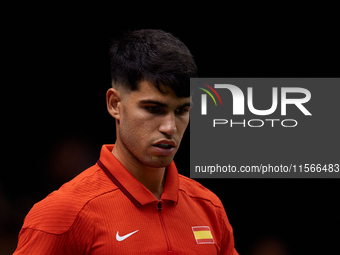 Carlos Alcaraz of Spain looks on during the game against Tomas Machac of Czechia during the 2024 Davis Cup Group B Stage match between Czech...