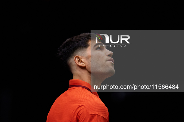 Carlos Alcaraz of Spain looks on during the game against Tomas Machac of Czechia during the 2024 Davis Cup Group B Stage match between Czech...