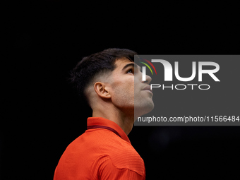 Carlos Alcaraz of Spain looks on during the game against Tomas Machac of Czechia during the 2024 Davis Cup Group B Stage match between Czech...