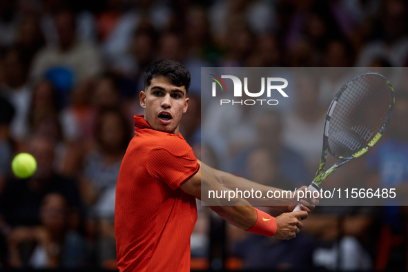 Carlos Alcaraz of Spain is in action during the game against Tomas Machac of Czechia during the 2024 Davis Cup Group B Stage match between C...