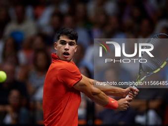 Carlos Alcaraz of Spain is in action during the game against Tomas Machac of Czechia during the 2024 Davis Cup Group B Stage match between C...