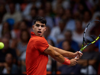 Carlos Alcaraz of Spain is in action during the game against Tomas Machac of Czechia during the 2024 Davis Cup Group B Stage match between C...