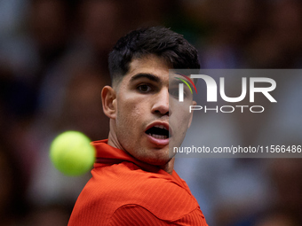 Carlos Alcaraz of Spain is in action during the game against Tomas Machac of Czechia during the 2024 Davis Cup Group B Stage match between C...