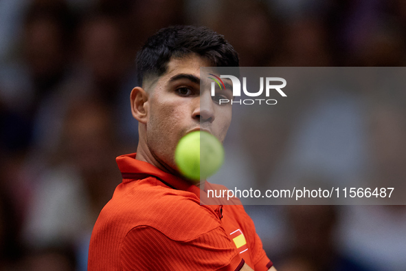 Carlos Alcaraz of Spain is in action during the game against Tomas Machac of Czechia during the 2024 Davis Cup Group B Stage match between C...