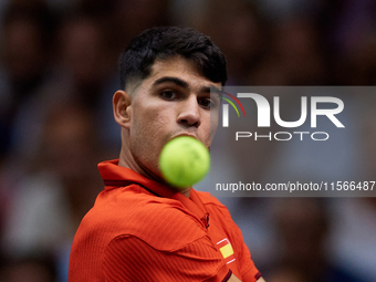 Carlos Alcaraz of Spain is in action during the game against Tomas Machac of Czechia during the 2024 Davis Cup Group B Stage match between C...