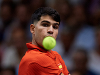 Carlos Alcaraz of Spain is in action during the game against Tomas Machac of Czechia during the 2024 Davis Cup Group B Stage match between C...