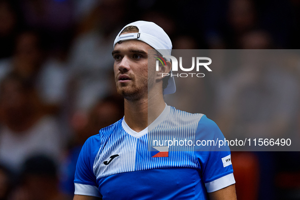 Tomas Machac of Czechia looks on during the game against Carlos Alcaraz of Spain during the 2024 Davis Cup Group B Stage match between Czech...