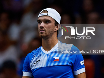 Tomas Machac of Czechia looks on during the game against Carlos Alcaraz of Spain during the 2024 Davis Cup Group B Stage match between Czech...