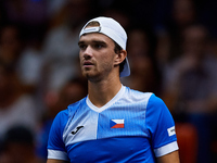 Tomas Machac of Czechia looks on during the game against Carlos Alcaraz of Spain during the 2024 Davis Cup Group B Stage match between Czech...