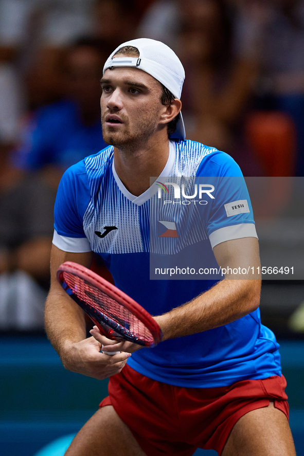 Tomas Machac of Czechia plays against Carlos Alcaraz of Spain during the 2024 Davis Cup Group B Stage match between Czechia and Spain at Pab...