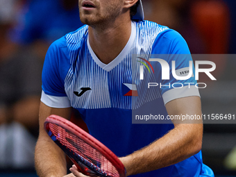 Tomas Machac of Czechia plays against Carlos Alcaraz of Spain during the 2024 Davis Cup Group B Stage match between Czechia and Spain at Pab...