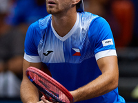 Tomas Machac of Czechia plays against Carlos Alcaraz of Spain during the 2024 Davis Cup Group B Stage match between Czechia and Spain at Pab...