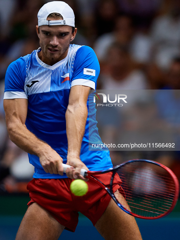 Tomas Machac of Czechia plays against Carlos Alcaraz of Spain during the 2024 Davis Cup Group B Stage match between Czechia and Spain at Pab...