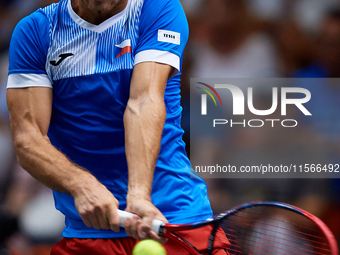 Tomas Machac of Czechia plays against Carlos Alcaraz of Spain during the 2024 Davis Cup Group B Stage match between Czechia and Spain at Pab...