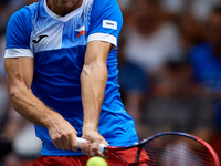 Tomas Machac of Czechia plays against Carlos Alcaraz of Spain during the 2024 Davis Cup Group B Stage match between Czechia and Spain at Pab...