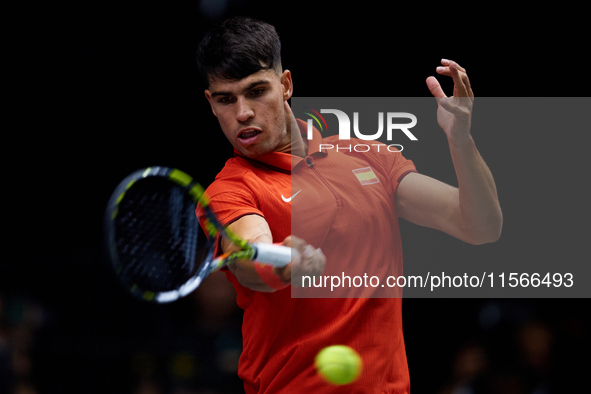 Carlos Alcaraz of Spain is in action during the game against Tomas Machac of Czechia during the 2024 Davis Cup Group B Stage match between C...