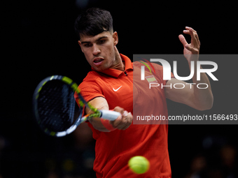 Carlos Alcaraz of Spain is in action during the game against Tomas Machac of Czechia during the 2024 Davis Cup Group B Stage match between C...