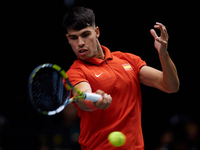 Carlos Alcaraz of Spain is in action during the game against Tomas Machac of Czechia during the 2024 Davis Cup Group B Stage match between C...