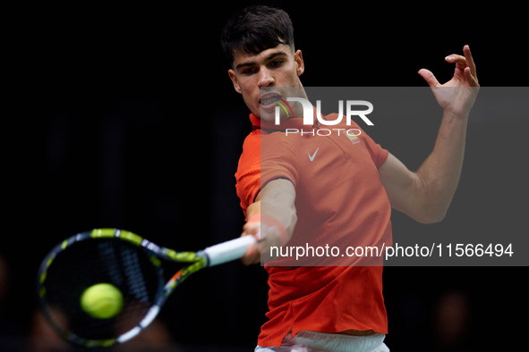 Carlos Alcaraz of Spain is in action during the game against Tomas Machac of Czechia during the 2024 Davis Cup Group B Stage match between C...