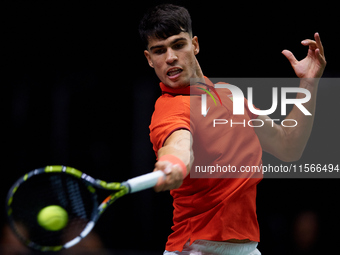 Carlos Alcaraz of Spain is in action during the game against Tomas Machac of Czechia during the 2024 Davis Cup Group B Stage match between C...