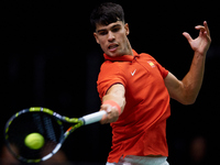 Carlos Alcaraz of Spain is in action during the game against Tomas Machac of Czechia during the 2024 Davis Cup Group B Stage match between C...