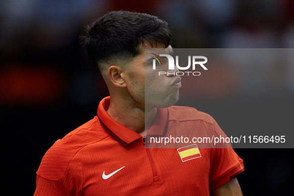 Carlos Alcaraz of Spain reacts during the game against Tomas Machac of Czechia during the 2024 Davis Cup Group B Stage match between Czechia...