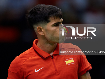 Carlos Alcaraz of Spain reacts during the game against Tomas Machac of Czechia during the 2024 Davis Cup Group B Stage match between Czechia...