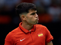 Carlos Alcaraz of Spain reacts during the game against Tomas Machac of Czechia during the 2024 Davis Cup Group B Stage match between Czechia...