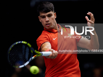 Carlos Alcaraz of Spain is in action during the game against Tomas Machac of Czechia during the 2024 Davis Cup Group B Stage match between C...