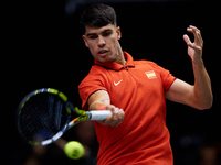 Carlos Alcaraz of Spain is in action during the game against Tomas Machac of Czechia during the 2024 Davis Cup Group B Stage match between C...