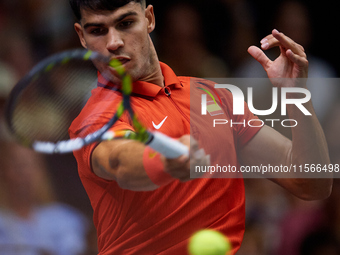 Carlos Alcaraz of Spain is in action during the game against Tomas Machac of Czechia during the 2024 Davis Cup Group B Stage match between C...