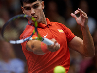 Carlos Alcaraz of Spain is in action during the game against Tomas Machac of Czechia during the 2024 Davis Cup Group B Stage match between C...