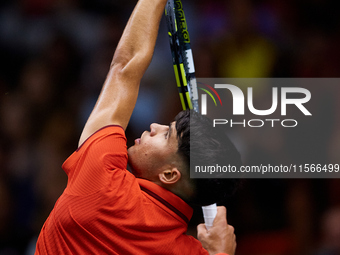 Carlos Alcaraz of Spain serves against Tomas Machac of Czechia during the 2024 Davis Cup Group B Stage match between Czechia and Spain at Pa...